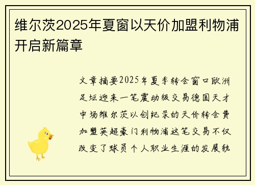 维尔茨2025年夏窗以天价加盟利物浦开启新篇章